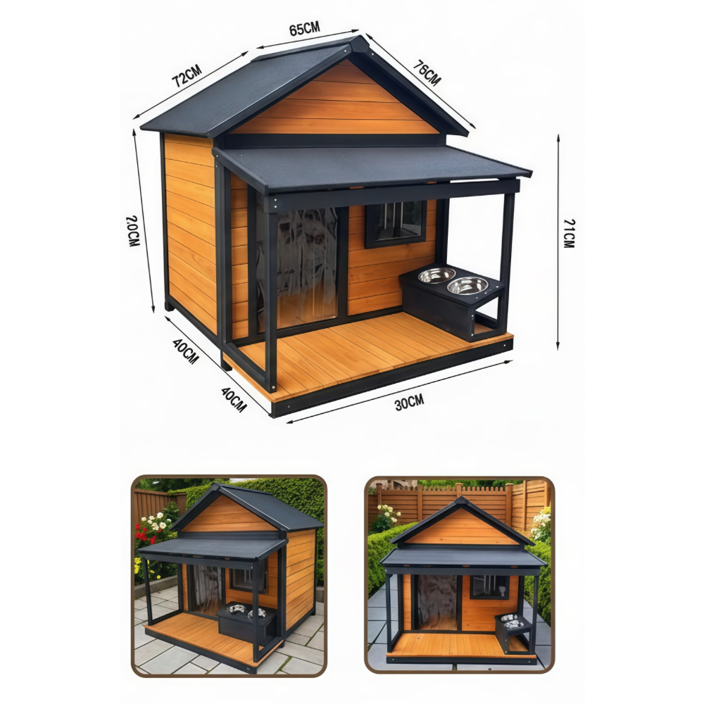 Caseta de Madera Premium para Perros de Exterior con Porche y Techo Protector