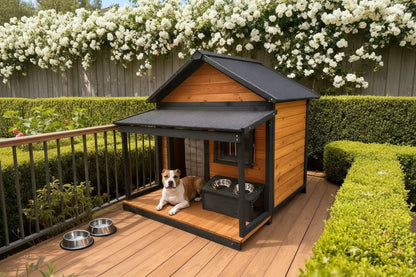 Caseta de Madera Premium para Perros de Exterior con Porche y Techo Protector
