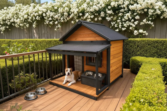 Caseta de Madera Premium para Perros de Exterior con Porche y Techo Protector